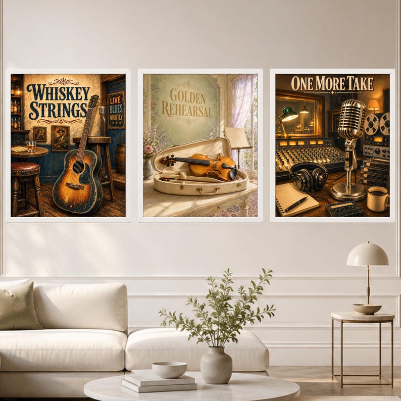 Pu&ograve; includere: Un set di tre stampe artistiche da parete incorniciate. La stampa a sinistra mostra una chitarra con il testo Whiskey Strings. La stampa centrale mostra un violino in una custodia con il testo Golden Rehearsal. La destra mostra un microfono con il testo One More Take.