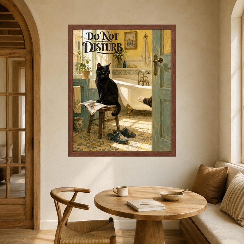 May include: A framed wall art print featuring a black cat sitting on a wooden stool in a bathroom, reading a newspaper. The text 'DO NOT DISTURB' is printed at the top. The scene includes a white clawfoot bathtub, blue door, and patterned floor tiles.
