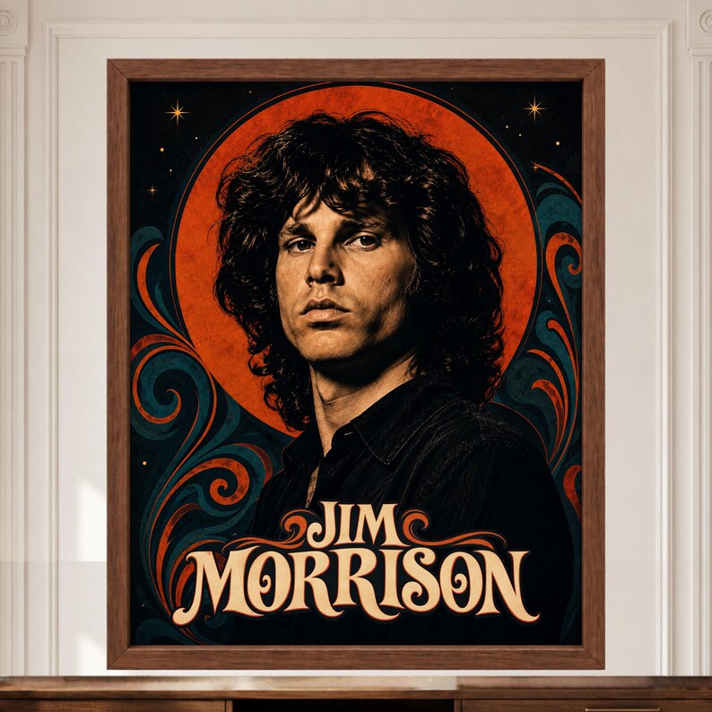 May include: A framed portrait print featuring a stylized illustration of Jim Morrison with dark wavy hair. The background displays a large orange circular sun motif, swirling teal and orange patterns, and small stars. The text JIM MORRISON is printed.