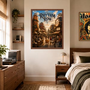 May include: A framed wall art print titled Rhythm Row featuring a bustling street scene with large drum-shaped buildings, people playing percussion instruments, and a central figure dancing under a golden sky with clouds and musical notes.