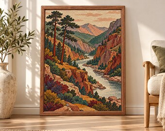 Vintage Mountain River Landscape Print, Rustic Canyon Nature Art (Digital Download)