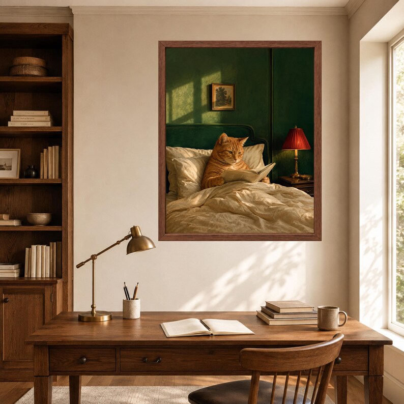 Cat Reading Wall Art, Orange Tabby in Bed, Whimsical Book Lover Print, Digital Download image 7