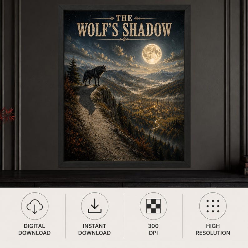 May include: A framed wall art print titled THE WOLF'S SHADOW featuring a dark landscape with a wolf standing on a cliff edge overlooking a valley at night. A large full moon illuminates the scene, casting light over the forest and distant mountains.