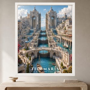 May include: A framed wall art print depicting a fantasy coastal city with stone architecture, cascading waterfalls, and canals. The image features large arched gates, sailing vessels, and the text TIDEMARIS City of the Great Tidal Gates.