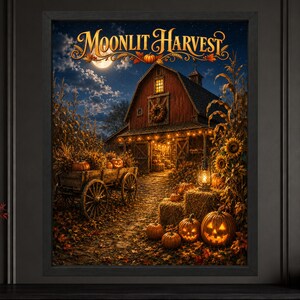 May include: A framed wall art print titled Moonlit Harvest featuring a rustic red barn at night under a full moon. A wooden wagon filled with pumpkins sits nearby, surrounded by hay bales, glowing jack-o'-lanterns, and tall corn stalks.