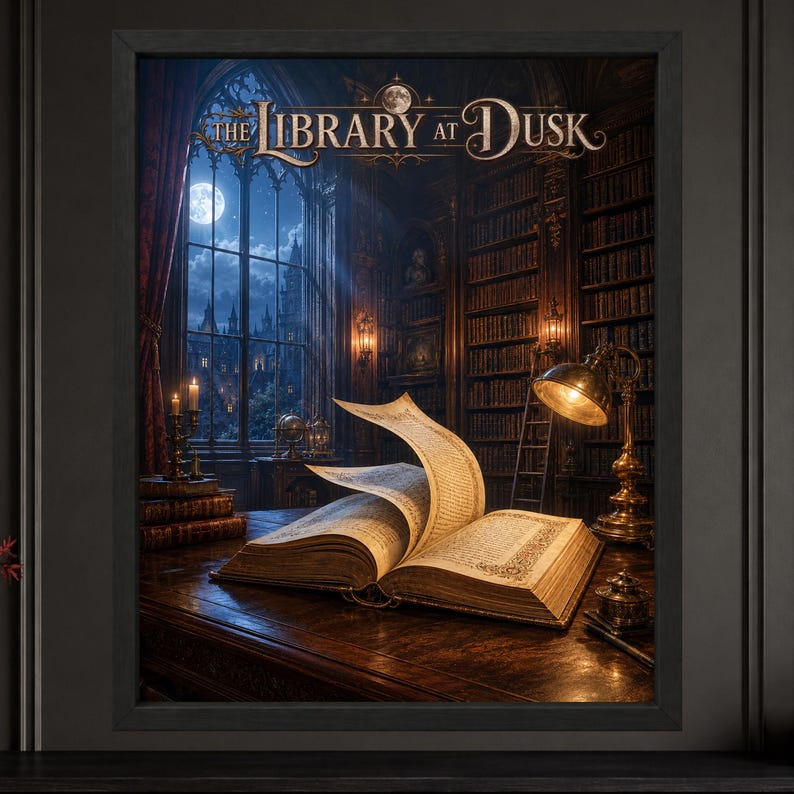 Framed gothic Halloween library wall art featuring an open antique book with floating pages, towering bookshelves, warm brass lamps and a full moon through arched windows, with ornate “The Library at Dusk” typography.