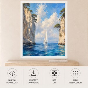 May include: A framed wall art print depicting a white sailboat navigating through a narrow passage between two tall, rocky cliffs topped with green trees. The scene features deep blue water and a bright sky filled with fluffy white clouds.