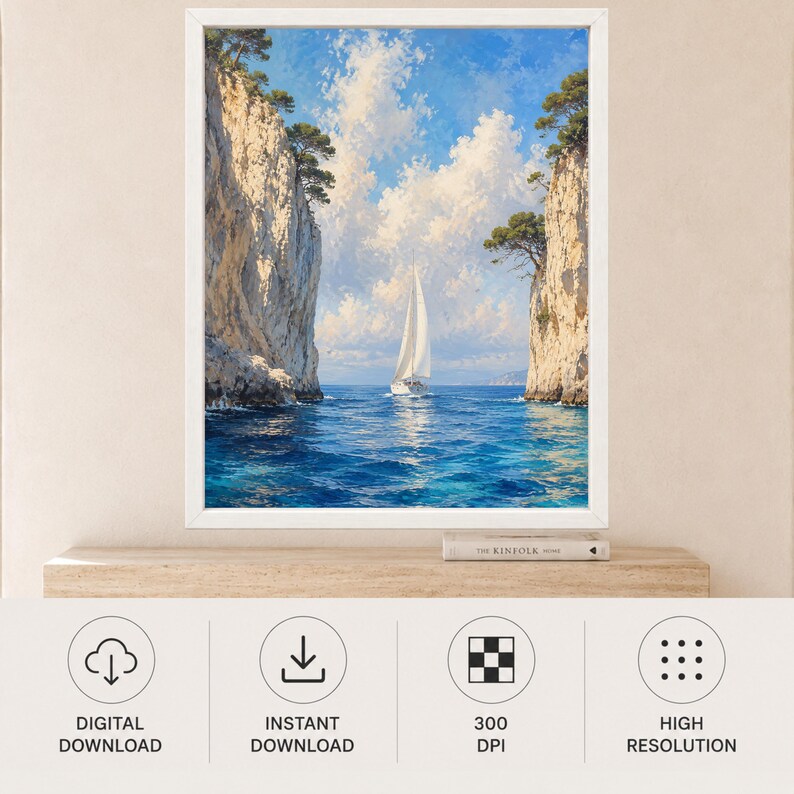 May include: A framed wall art print depicting a white sailboat navigating through a narrow passage between two tall, rocky cliffs topped with green trees. The scene features deep blue water and a bright sky filled with fluffy white clouds.