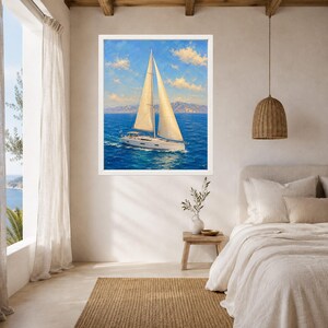May include: A framed wall art print featuring an oil painting of a white sailboat with two sails navigating across deep blue ocean waters under a bright sky with soft clouds and distant mountains visible on the horizon line in the background.
