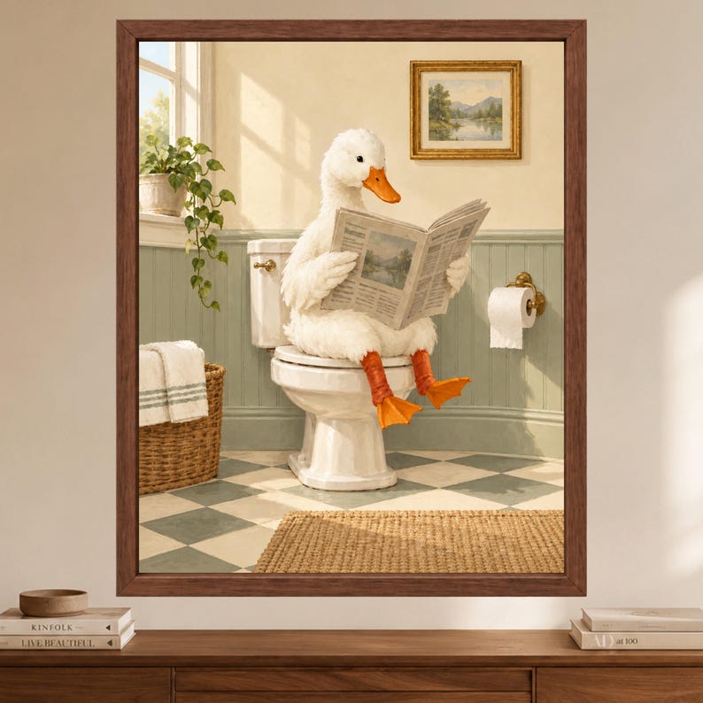 May include: A framed wall art print featuring a white duck with an orange beak and feet sitting on a white toilet reading a newspaper. The bathroom scene includes a wicker basket with white towels, a toilet paper roll, and a landscape painting.