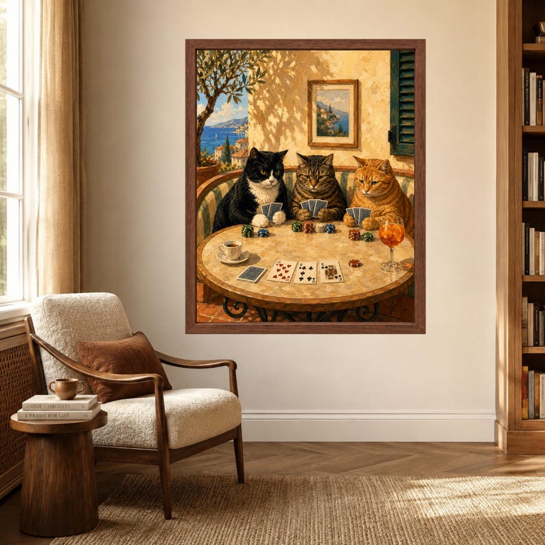 Muurdecoratie met katten die poker spelen, poster met mediterrane katten, decoratie voor de speelkamer, digitale download afbeelding 7