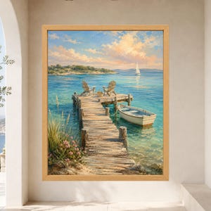 May include: A framed wall art print depicting a wooden pier extending into calm blue water. Two chairs sit on the dock next to a small white rowboat. In the distance, a sailboat floats on the horizon under a sky filled with soft, golden clouds.