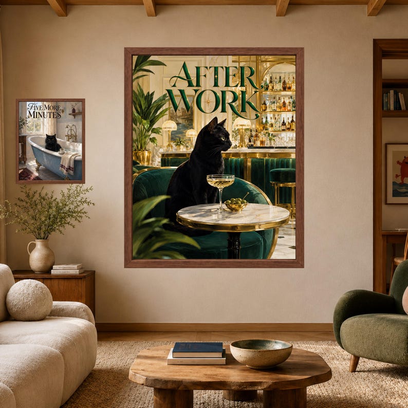 May include: Two framed wall art prints. The larger print features a black cat sitting on a green velvet chair at a marble table with a cocktail, under the text AFTER WORK. The smaller print shows a black cat in a bathtub with the text FIVE MORE MINUTES.