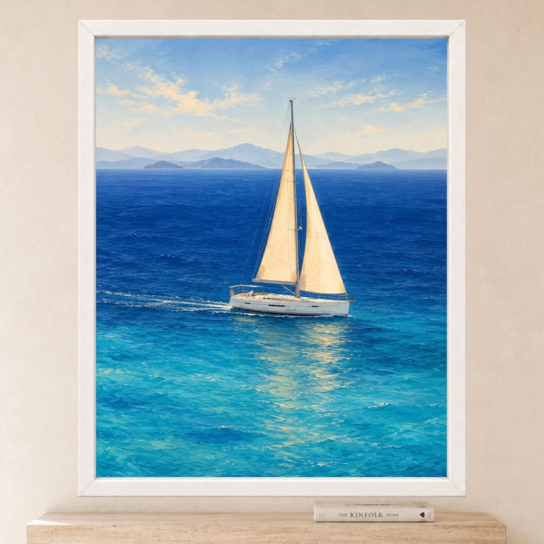 Peut inclure: Une impression d'art encadr&eacute;e repr&eacute;sentant un voilier blanc aux voiles beiges naviguant sur un oc&eacute;an bleu vif. La sc&egrave;ne montre un ciel clair avec de l&eacute;gers nuages au-dessus de silhouettes de montagnes lointaines, capturant le navire en mouvement.