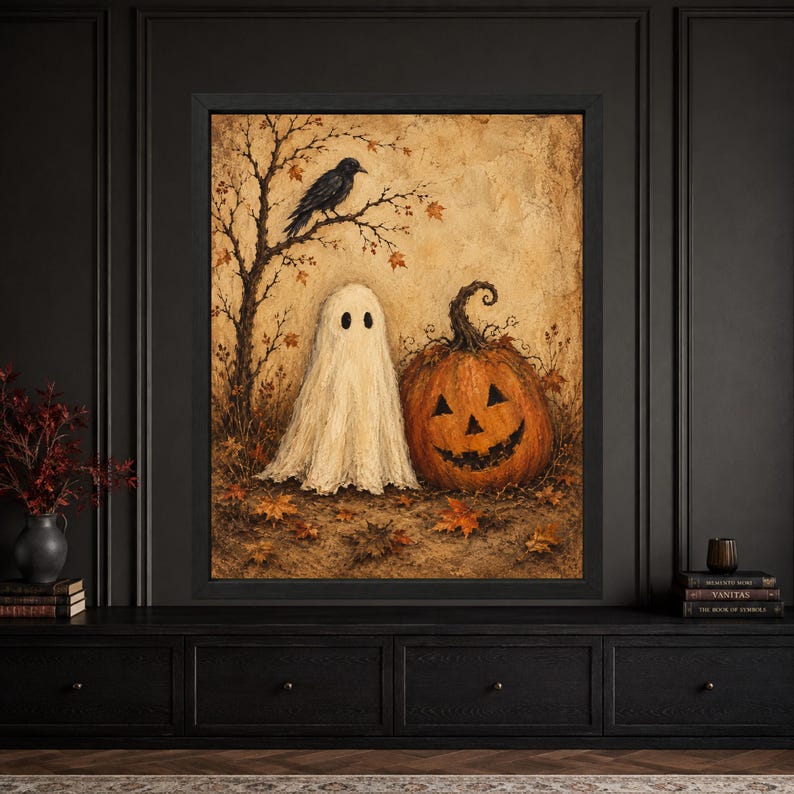 Pode incluir: Uma impress&atilde;o de arte emoldurada apresentando uma pintura texturizada de um fantasma branco ao lado de uma ab&oacute;bora laranja esculpida. Um corvo preto pousa num galho de &aacute;rvore nu, com folhas de outono espalhadas no ch&atilde;o em tons s&eacute;pia quentes.