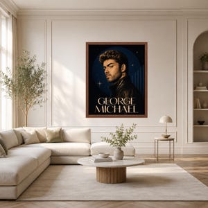 Puede incluir: Una impresi&oacute;n de arte mural enmarcada que presenta un retrato de George Michael. La obra muestra un fondo azul oscuro con sutiles acentos de estrellas, una chaqueta de cuero y el nombre George Michael impreso en letras serif grandes y elegantes.