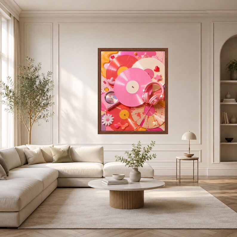 May include: A framed wall art print featuring a vibrant collage of vinyl records in shades of pink, red, and cream, accented with pink headphones, small star shapes, a white flower, and abstract liquid paint splashes in a bright, colourful composition.