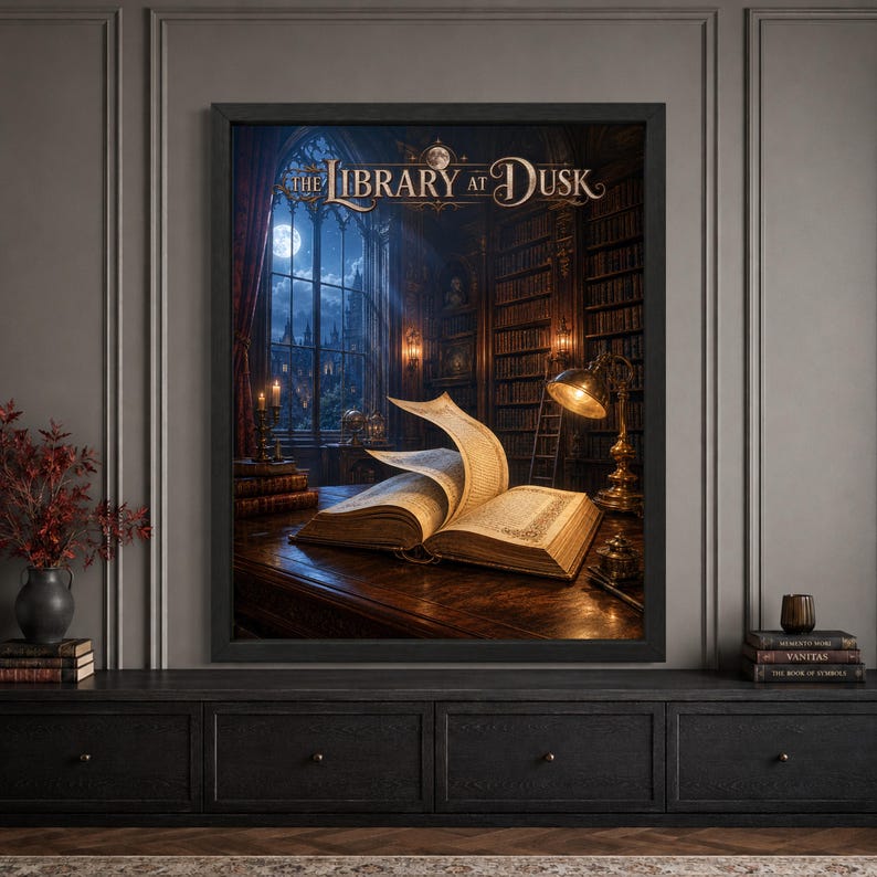May include: A framed wall art print titled The Library at Dusk, depicting an open book on a wooden desk, a glowing brass lamp, and tall bookshelves. Through a large window, a moonlit castle is visible against a dark blue night sky.