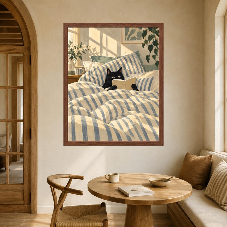 Black Cat Reading in Bed Print, Cozy Bedroom Wall Art (Digital Download) image 5