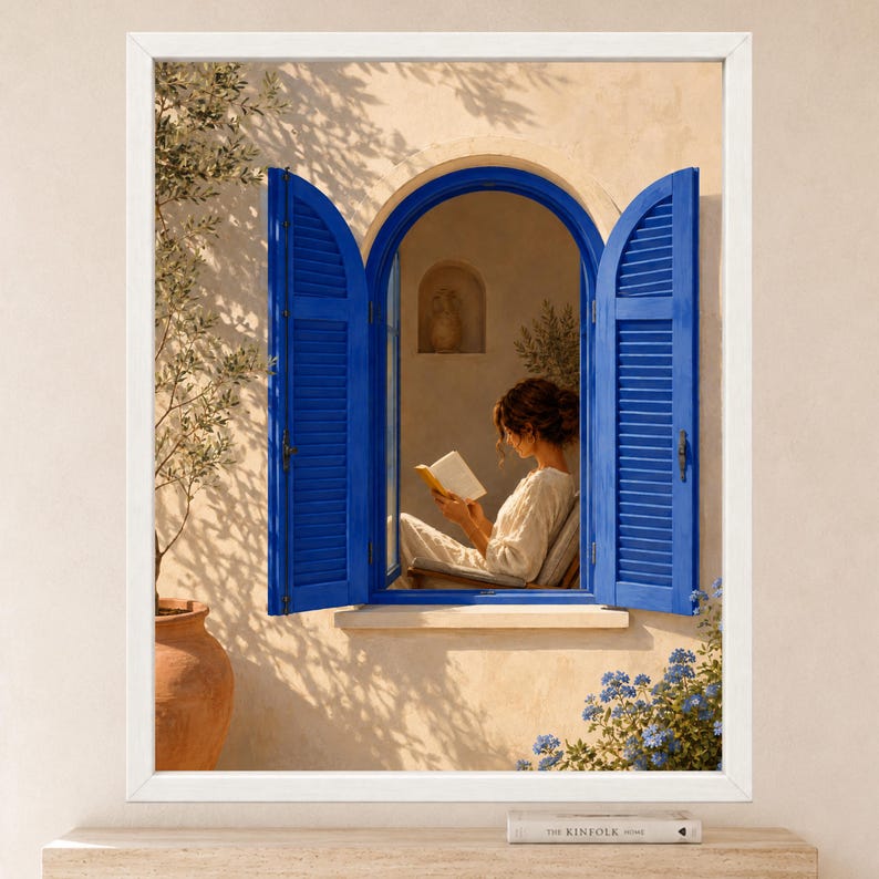 May include: A framed wall art print depicting an arched window with vibrant blue shutters set into a beige stucco wall. A person sits inside the window frame reading an open book. An olive tree and blue flowers are visible in the foreground.