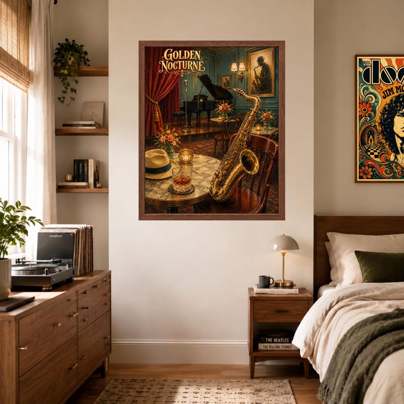 May include: A framed wall art print titled Golden Nocturne featuring a jazz club scene with a gold saxophone resting on a wooden chair, a fedora hat, a glass of amber liquid on a round table, a grand piano, and red curtains in the background.