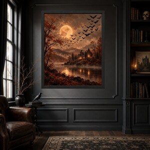 Decoración de pared de casa embrujada, lámina de Halloween con luna llena, paisaje gótico otoñal (descarga digital) imagen 6