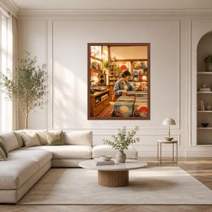 May include: A framed wall art print depicting a person browsing through vinyl records in a warm, sunlit shop. The artwork features shelves filled with albums, a wooden counter, and record covers with circular sun motifs in shades of red and orange.