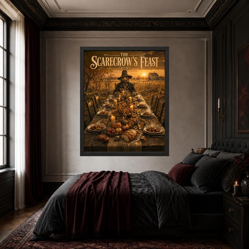 May include: A framed wall art print titled The Scarecrow's Feast, depicting a scarecrow sitting at a long wooden table set with a bountiful harvest meal, candles, and bread in a field at sunset, with a farmhouse visible in the distant background.