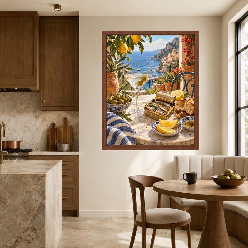 May include: A framed wall art print depicting a Mediterranean coastal scene on a marble table. The image features a martini glass with olives, a tin of sardines, lemon wedges, a bowl of green olives, and a blue and white striped cloth.