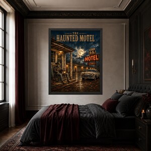 May include: A framed wall art print titled The Haunted Motel, depicting a skeleton sitting in a rocking chair on a porch holding a lantern, with a vintage car parked nearby under a full moon and a Route 66 motel sign against a dark cloudy sky.