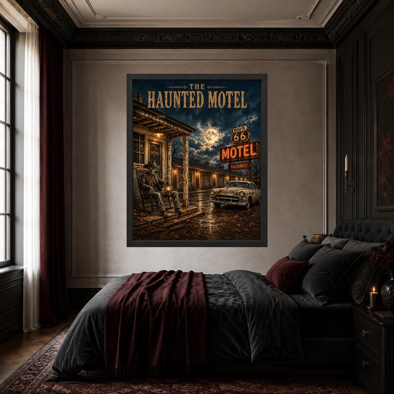 May include: A framed wall art print titled The Haunted Motel, depicting a skeleton sitting in a rocking chair on a porch holding a lantern, with a vintage car parked nearby under a full moon and a Route 66 motel sign against a dark cloudy sky.
