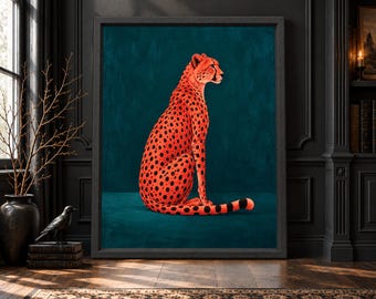 Cheetah Wall Art, Orange Teal Maximalist Animal Print (Digital Download)