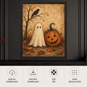 Pode incluir: Uma impress&atilde;o de arte de parede emoldurada apresentando um fantasma branco ao lado de uma ab&oacute;bora laranja esculpida. Um corvo preto est&aacute; pousado em um galho de &aacute;rvore nu, com folhas de outono espalhadas no ch&atilde;o sobre um fundo bege texturizado.