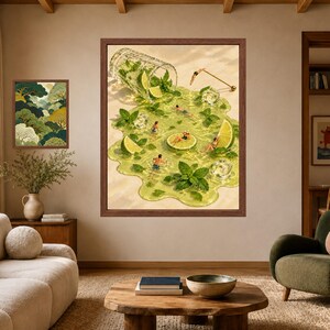 Stampa artistica surreale a tema mojito per piscina, cocktail lime e menta, decorazione per carrello bar (download digitale) immagine 7