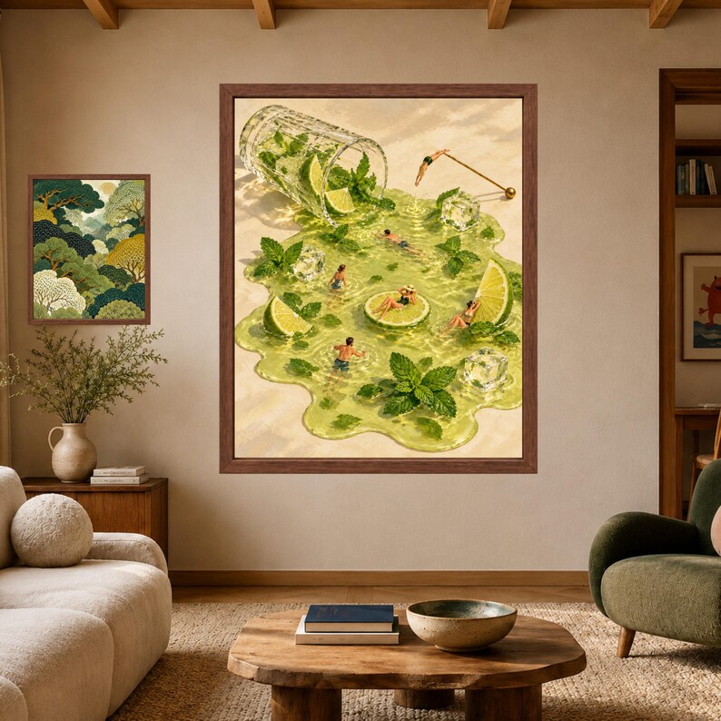 Stampa artistica surreale a tema mojito per piscina, cocktail lime e menta, decorazione per carrello bar (download digitale) immagine 7