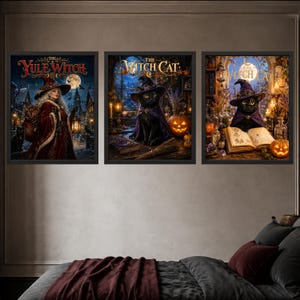 May include: Three framed wall art prints featuring fantasy themes. The left print shows a woman in a red cloak and witch hat titled The Yule Witch. The middle and right prints show a black cat in a purple witch hat titled The Witch Cat.