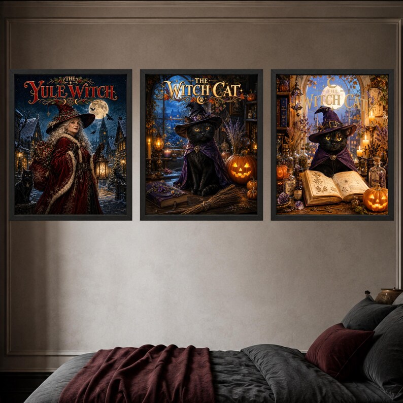 May include: Three framed wall art prints featuring fantasy themes. The left print shows a woman in a red cloak and witch hat titled The Yule Witch. The middle and right prints show a black cat in a purple witch hat titled The Witch Cat.
