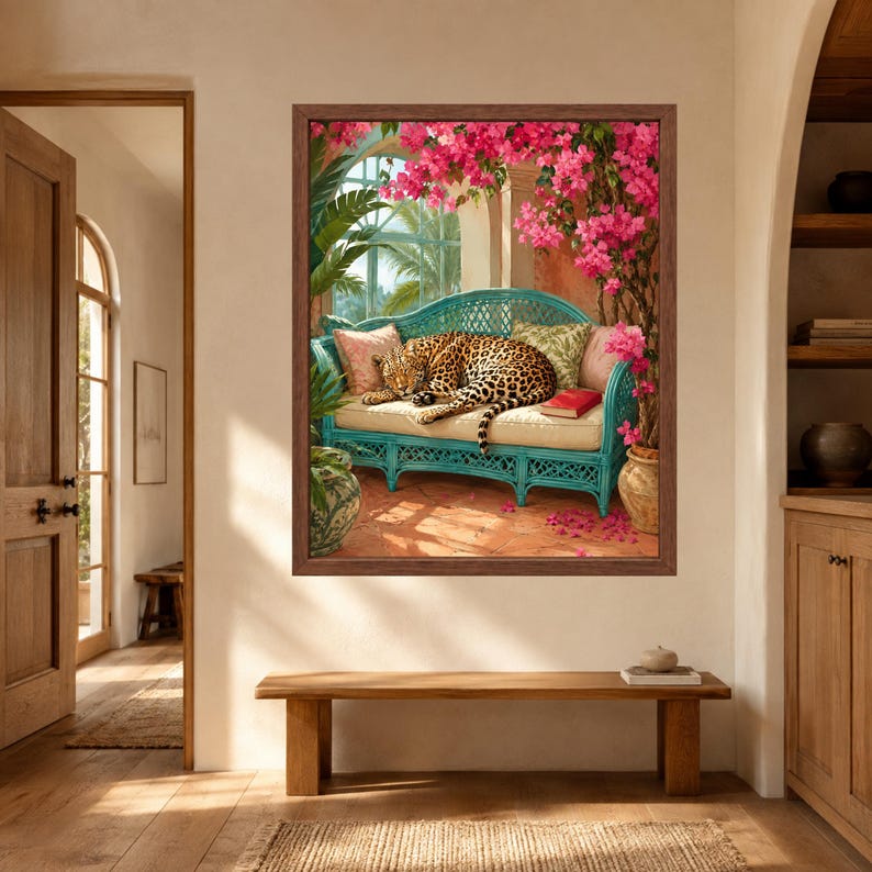 Leopard Wall Art, Tropical Jungle Poster, Big Cat Print, Botanical Boho Decor, Digital Download afbeelding 8