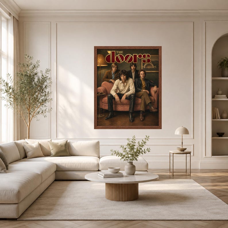 May include: A framed rectangular wall poster featuring the rock band The Doors. The image shows four band members sitting on a pink sofa in a dimly lit room. The text THE DOORS is printed in a stylized gold and red font at the top of the poster.