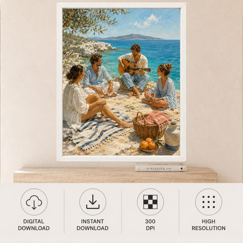 May include: A framed digital art print depicting a coastal scene with three individuals sitting on a rocky shore. One person plays an acoustic guitar while others sit nearby on a blue and white striped blanket. A woven basket and ceramic jug sit nearby.