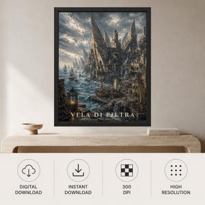 May include: A framed wall art print titled VELA DI PIETRA Harbor of the Stone Sails, depicting a dark, coastal fantasy city with sharp, sail-like stone spires, a rocky harbor, wooden docks, sailing ships, and a glowing lantern in the foreground.