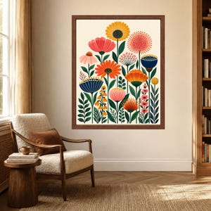 Colorful Floral Wall Art, Mid Century Botanical Print, Retro Folk Flower Poster, Digital Download image 3