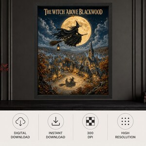 K&ouml;nnte beinhalten: Ein gerahmter Wandkunstdruck mit dem Titel The Witch Above Blackwood, der die Silhouette einer Hexe auf einem Besen vor einem gro&szlig;en Vollmond &uuml;ber einem n&auml;chtlichen Dorf zeigt. Das Bild enth&auml;lt eine Laterne, herbstliche B&auml;ume und einen Kirchturm.