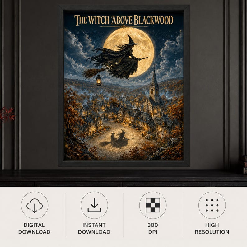 K&ouml;nnte beinhalten: Ein gerahmter Wandkunstdruck mit dem Titel The Witch Above Blackwood, der die Silhouette einer Hexe auf einem Besen vor einem gro&szlig;en Vollmond &uuml;ber einem n&auml;chtlichen Dorf zeigt. Das Bild enth&auml;lt eine Laterne, herbstliche B&auml;ume und einen Kirchturm.