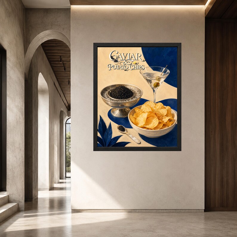 May include: A framed wall art print featuring the text Caviar & Potato Chips. The illustration displays a silver bowl filled with black caviar, a martini glass with an olive, and a white bowl containing golden potato chips on a cream background.