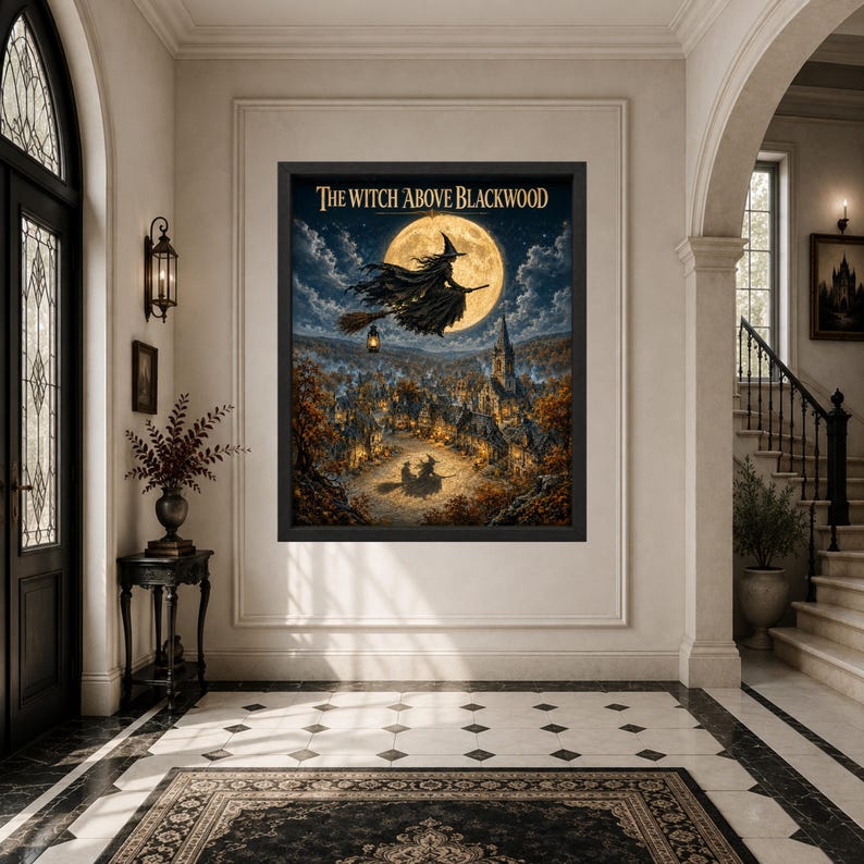 K&ouml;nnte beinhalten: Ein gerahmter Kunstdruck mit dem Titel The Witch Above Blackwood, der eine Hexe auf einem Besen vor einem gro&szlig;en Vollmond &uuml;ber einer dunklen Dorflandschaft mit herbstlichen B&auml;umen und einem Kirchturm in dunklen Farbt&ouml;nen zeigt.