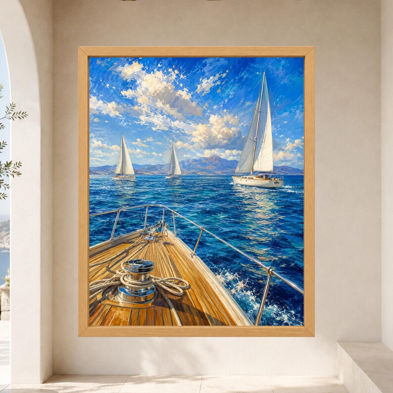 May include: A framed wall art print depicting a view from the wooden deck of a sailboat looking out at the deep blue sea. Two other sailboats are visible in the distance under a bright blue sky with white clouds and distant mountain ranges.