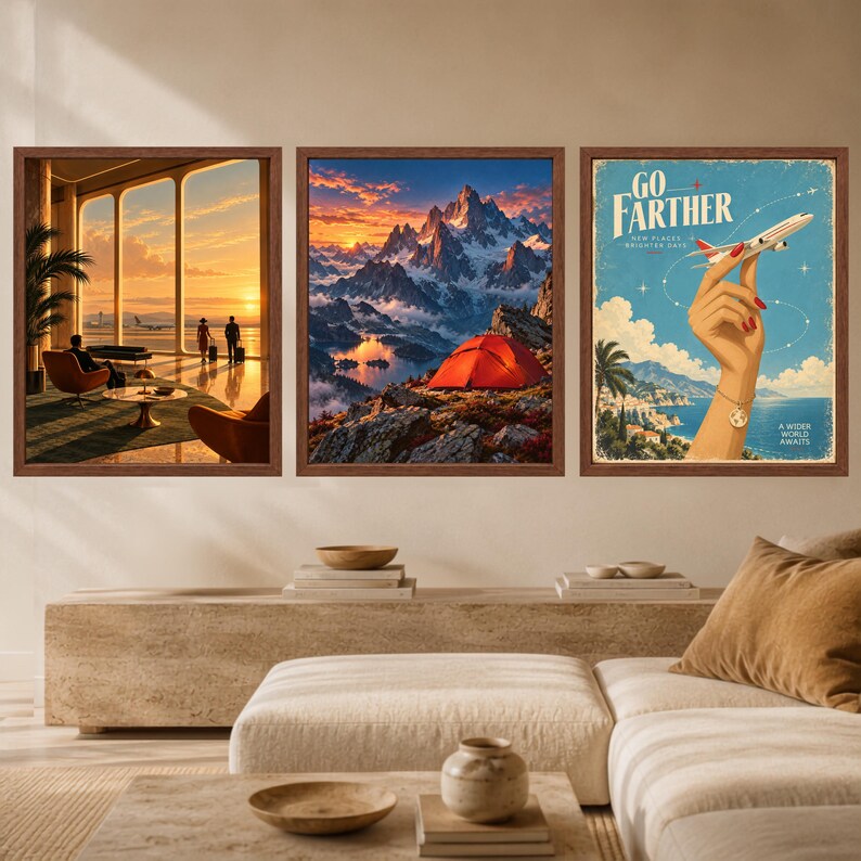 May include: A set of three framed wall art prints. The left print shows an airport lounge at sunset. The center print depicts a red tent on a mountain overlooking a lake. The right print features a hand holding a toy airplane with the text GO FARTHER.
