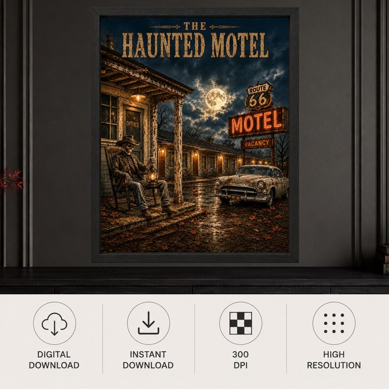 May include: A framed wall art print titled The Haunted Motel featuring a skeleton in a cowboy hat sitting on a porch rocking chair holding a lantern. A vintage car is parked in front of a motel with a Route 66 sign under a full moon at night.