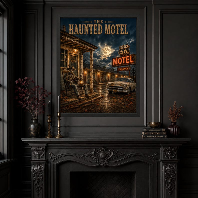 May include: A rectangular wall art print titled The Haunted Motel featuring a skeleton sitting in a rocking chair outside a motel office under a full moon. A vintage car is parked nearby, and a Route 66 Motel sign glows in the dark, moody night scene.